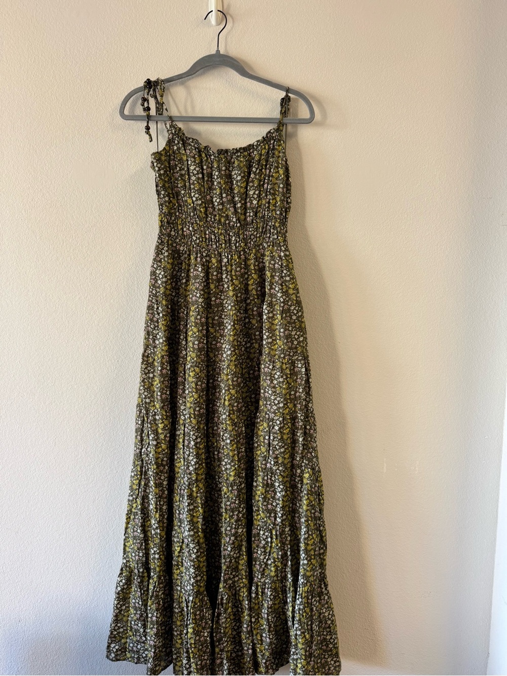 J. Crew Olive Green Floral Smocked Maxi Dress
